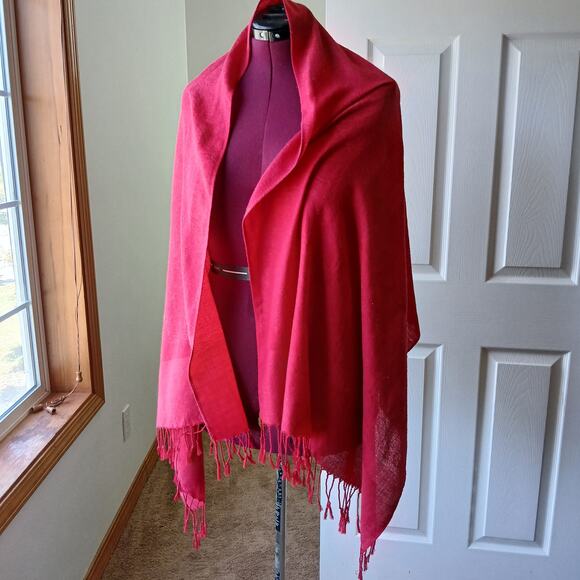 Red Floral Jacquard Fringe Scarf woven 66"L +3" fringe 27"W - Picture 3 of 8